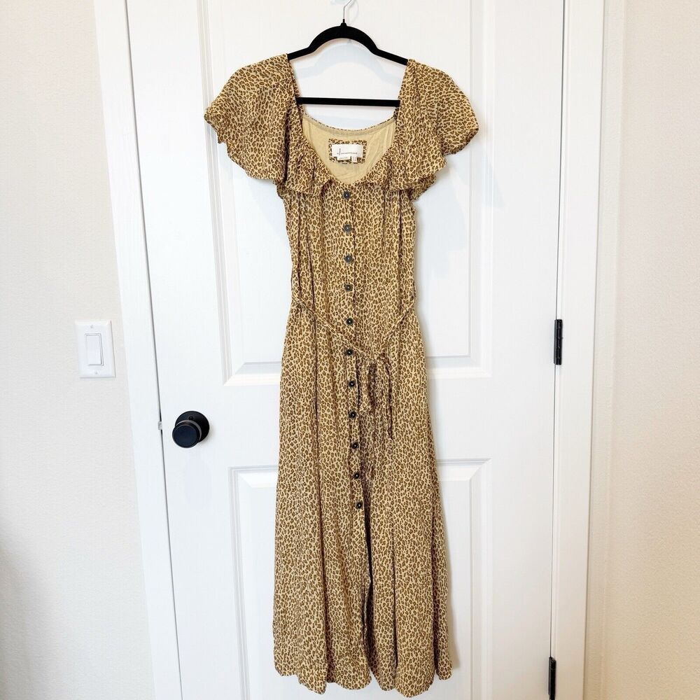 Anthropologie Midi Dress Womens 0 Animal Print Front Button Down Ruffles Tie